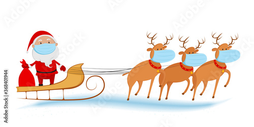 Santa Claus in medical mask riding on reindeer sled. Christmas 2020. Vector illustration. © Vector DSGNR