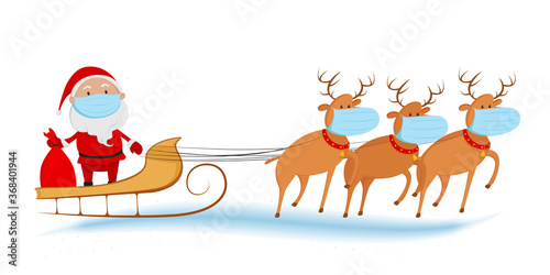 Santa Claus in medical mask riding on reindeer sled. Christmas 2020. Vector illustration.