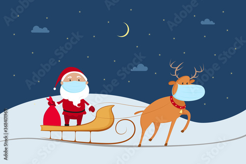 Santa Claus in medical mask riding on reindeer sled. Pandemic 2020 Christmas. Vector illustration. © Vector DSGNR