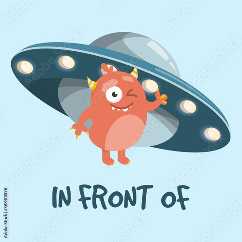 Learning preposition in front of vector isolated. Chilidish drawing with alien and UFO spaceship. English words learning with cute character. photo