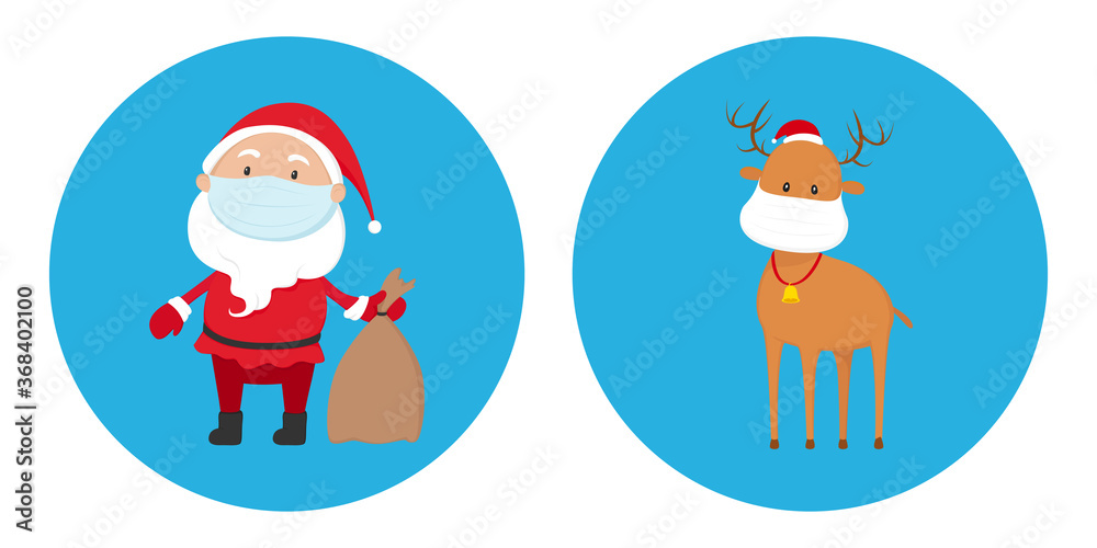 Santa Claus and deer in medical masks. Vector icons.