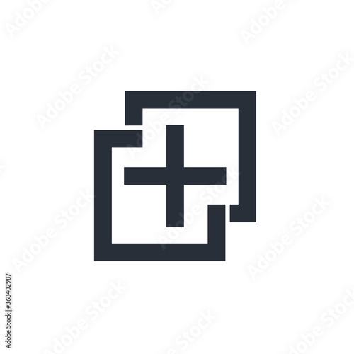Two squares and a plus icon. Combine. Vector linear icon isolated on white background.