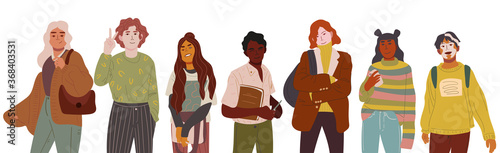 Group of multicultural students flat vector illustration. Young girls and boys standing and holding books isolated characters on white background. Happy teenager in casual clothes. Youth lifestyle.
