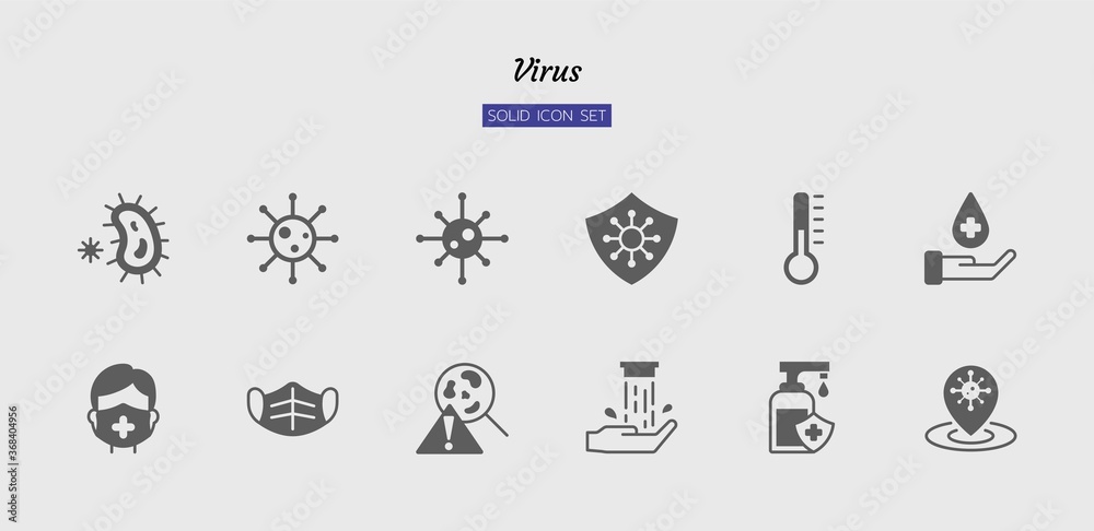 solid icon symbol set, virus, disease, infection, protection, health, Isolated flat silhouette vector design