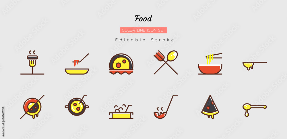 Obraz premium filled color line icon symbol set, food, time at home cooking, meal, Isolated flat vector design, editable stroke