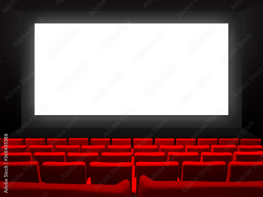 Cinema movie theatre with red seats and a blank white screen Cinema movie theatre with red seats and a blank white screen