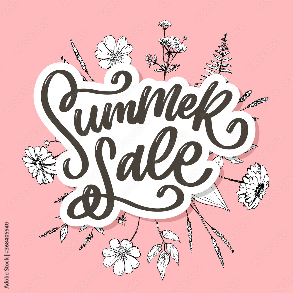 Trendy floral vector template. Summer flowers and Summer sale lettering illustration. Shabby gold texture on striped background.