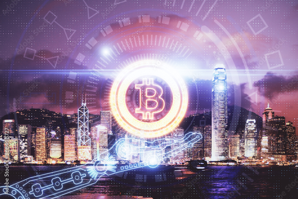 Obraz premium Multi exposure of cryptocurrency theme hologram drawing and city veiw background. Concept of blockchain and bitcoin.