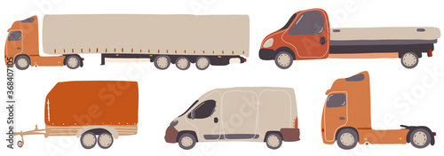 Transport company. Cargo transportation by road. Cargo delivery. Collection of hand drawn images of different types of vehicles for trucking in earthen colors. Editable vector graphics. Isolated.