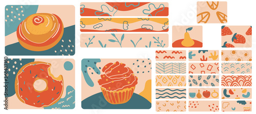 Large set of hand drawn minimalist abstract doodles in vintage style. Varicoloured horizontal backgrounds with donuts, a bun, a cupcake, leaves, a pear, strawberries, flowers, a rainbow. Vector EPS 10