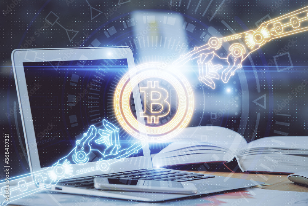 Double exposure of blockchain and crypto economy theme hologram and table with computer background. Concept of bitcoin cryptocurrency. Double exposure of blockchain and crypto economy theme hologram and table with computer background. Concept of bitcoin cryptocurrency.