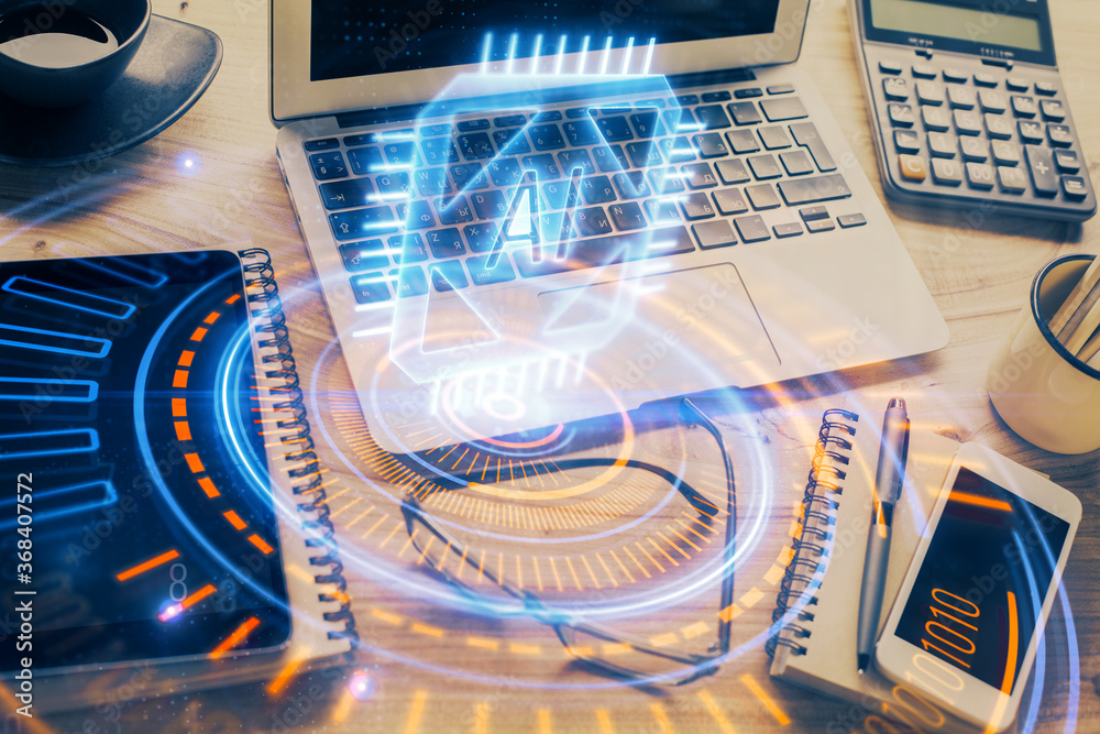 Double exposure of table with computer on background and data theme drawing. Concept of innovation.