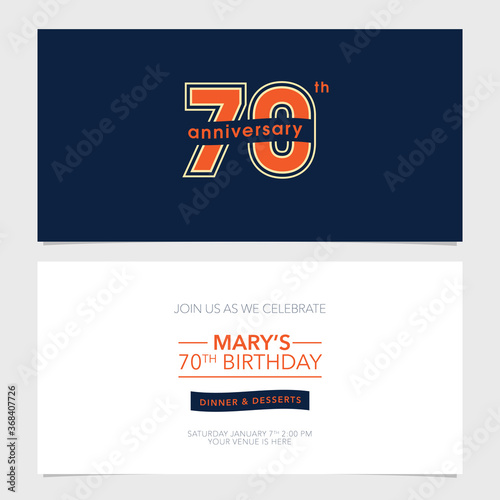 70 years anniversary party invitation vector template. Illustration with graphic number
