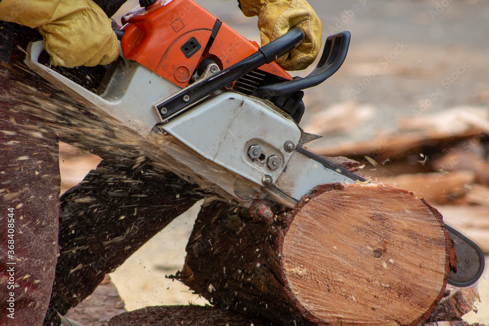man cutting a log with chainsaw closeup