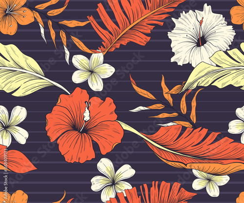 Colorful seamless pattern with exotic flowers and leaves. Dark backgroundB