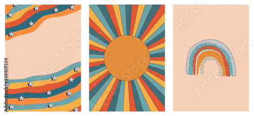 Set of three abstract pop art aesthetic backgrounds with sun lights, stars, Boho rainbow, waves, dots, thin lines. Trendy colorful vector illustration for social media, wed design, in vintage style.