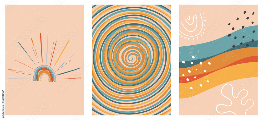 Set of three abstract pop art aesthetic backgrounds with sun lights, stars, Boho rainbow, waves, dots, spiral lines. Trendy colorful vector illustration for social media, web design in vintage style.