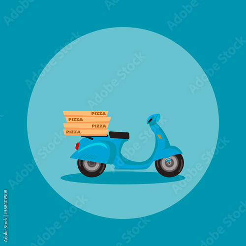 Blue empty scooter and pizza.