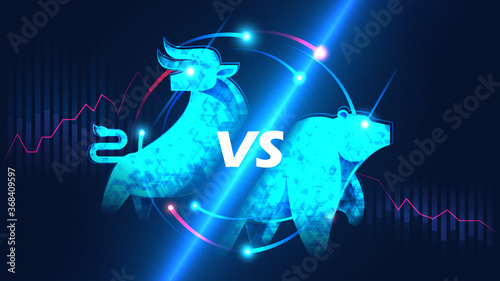 Concept art of Bullish and Bearish Stock Market in futuristic idea suitable for Stock Marketing or Financial Investment
