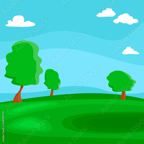 Slade and trees landscape. Simple green field and blue sky vector illustration.