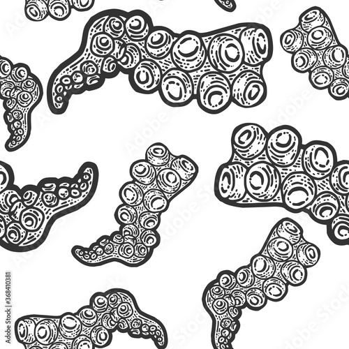 Seamless pattern. octopus leg. Sketch scratch board imitation. Black and white.