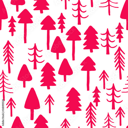 Seamless pattern of forest on white background. Sketch style. Vector illustration. Wrapping element.