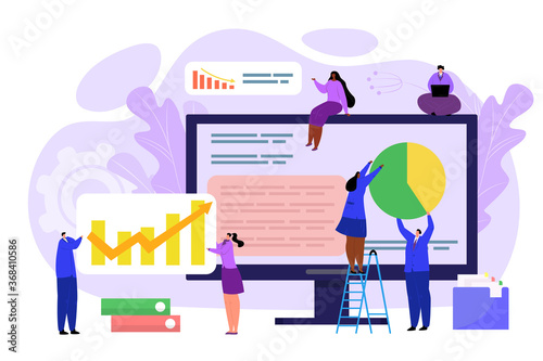 Business people with data infographic concept  vector illustration. People design chart technology  flat web analysis and finance analytics at computer. Internet office analyzing research.