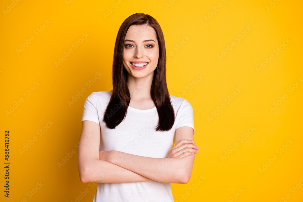 Portrait of nice content manager girl cross hands enjoy decide decision choose choice wear casual style clothes isolated over bright color background Portrait of nice content manager girl cross hands enjoy decide decision choose choice wear casual style clothes isolated over bright color background