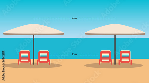 Umbrella and sun beds distance at the beach. New social distance rules due to Covid-19 (coronavirus).