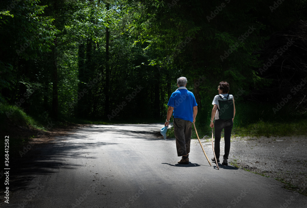 A sunlit couple walks on the mountain path through the woods in the Val Canzoi, Belluno Dolomites Natural Park, Veneto, Italy A sunlit couple walks on the mountain path through the woods in the Val Canzoi, Belluno Dolomites Natural Park, Veneto, Italy