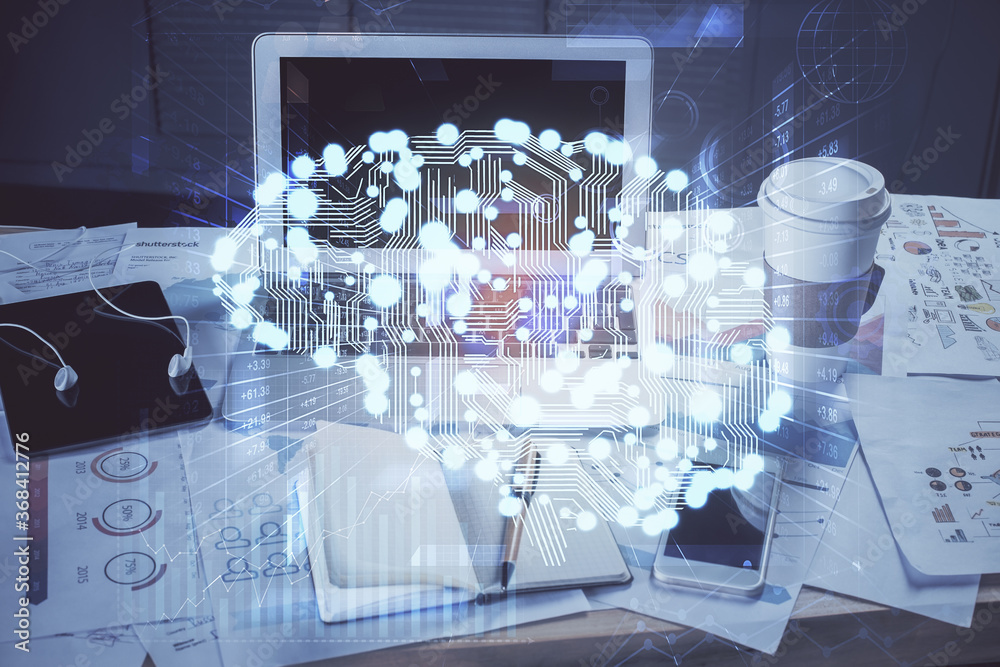 Multi exposure of work space with computer and human brain hologram. Brainstorm concept. Multi exposure of work space with computer and human brain hologram. Brainstorm concept.