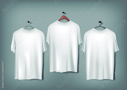 Men's white basic t-shirts mockup with wood and metal hanger.