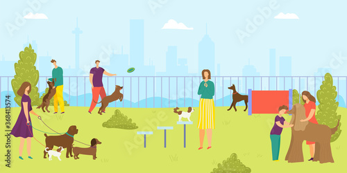 Park for dog pet  vector illustration. Man woman character and cartoon happy animal  happy young people outdoor lifestyle. Puppy activity at nature  fun summer walk and leisure together.