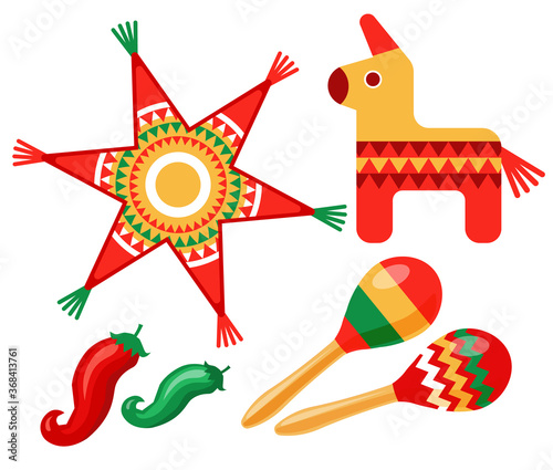 Pinata, maracas, chili peppers. Set of isolated icons on a white background, flat style. Vector illustration.