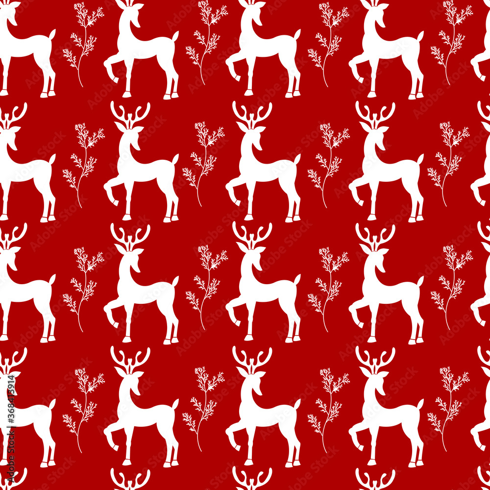 Vector seamless pattern with white christmas deer and spruce on red background in vintage style for fabrics, paper, textile, gift wrap. Christmas background
