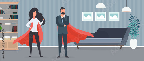 Girl and guy with a red raincoat. Woman and man superhero. The concept of a successful person, business or family. Vector.