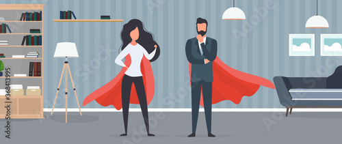 Girl and guy with a red raincoat. Woman and man superhero. The concept of a successful person, business or family. Vector.