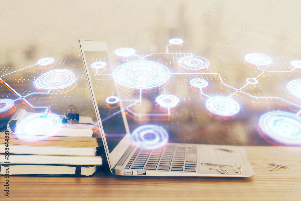 Computer on desktop with social network theme icon. Multi exposure. Concept of international connections. Computer on desktop with social network theme icon. Multi exposure. Concept of international connections.