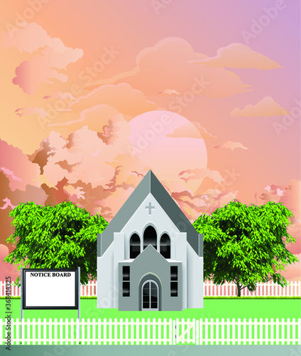 Rural Christian parish church building with blank notice board for own text set against a dawn or dusk sky