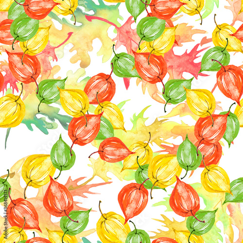 Vintage seamless watercolor pattern of  autumn leaves, physalis plant. Green, yellow, red, orange maple and oak leaf. stylish pattern. Abstract paint splash. Vintage Paper Background. autumn leaf
