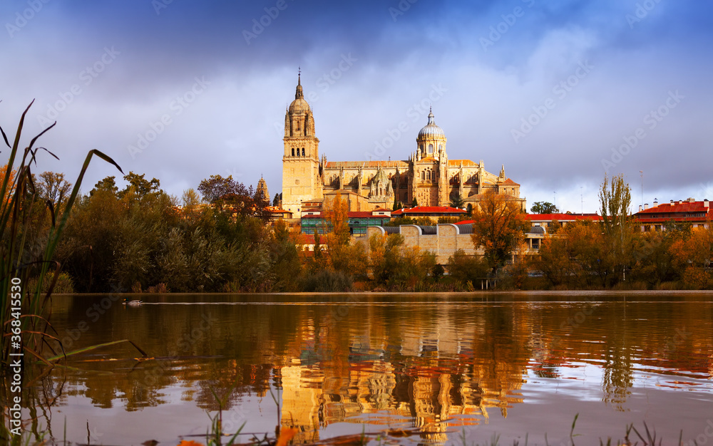 Salamanca Cathedral from Tormes River in autumn. Castile and Leon, Spain