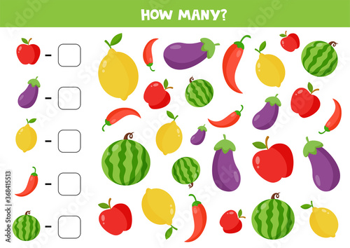Count the amount of vegetables and fruits. Write down right answer.