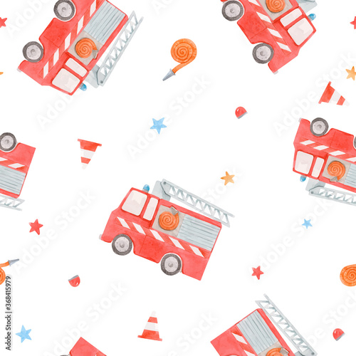 Beautiful vector seamless pattern with cute watercolor toy fire engine. Stock illustration.