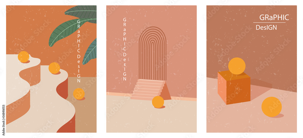 Set of three abstract graphic aesthetic backgrounds with shapes, rainbow, leaves in Boho style. Trendy vector illustration in terracotta colors for wall decoration, postcard or brochure, social media.