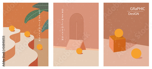 Set of three abstract graphic aesthetic backgrounds with shapes, rainbow, leaves in Boho style. Trendy vector illustration in terracotta colors for wall decoration, postcard or brochure, social media.