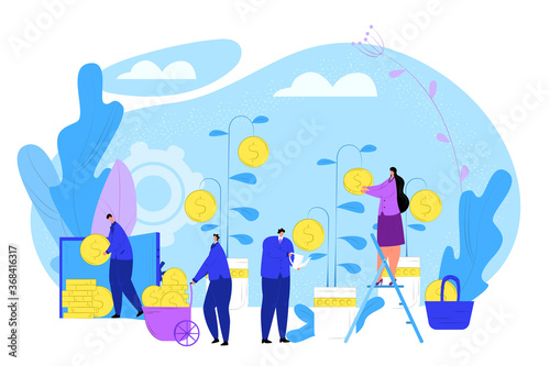 Business money tree with coin, vector illustration. People character with cartoon finance investment concept, financial plant. Wealth growth profit, success currency income and flat economy.