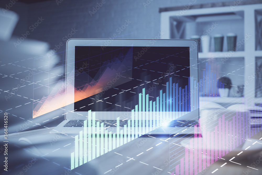 Stock market graph on background with desk and personal computer. Multi exposure. Concept of financial analysis. Stock market graph on background with desk and personal computer. Multi exposure. Concept of financial analysis.