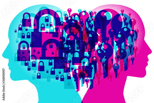 A male and female back to back side profile with various sized transparent magenta & cyan keys & padlocks are overlaid - Each represents a state of mind by each to think and willingness to listen.