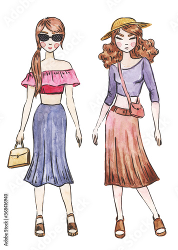 Woman and girl traveling illustration. Urban travel set. Watercolor travel. Sketch of hipster travel set. Summer vacation drawn on paper.