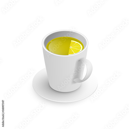 Realistic 3d cup of hot aromatic freshly brewed drink green tea with lemon. A teacup isometric view isolated on white background. Vector illustration for web, design, menu, app